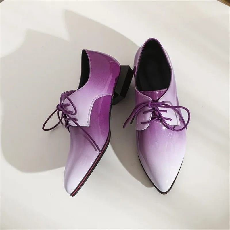 Large Size 33-50 Women Flats Sexy Gradient Patent Leather Low-Heeled Oxford Shoes For Woman 2020 Pointed Toe Lace-Up Lady Flats (46)