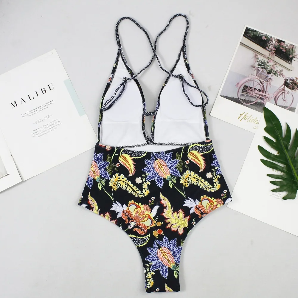 2020 Sexy Print Swimwear Women Swimsuit Backless One Piece Swimsuit V-Neck Bandage Beachwear Ruffle Bathing Suit Swim Monokini