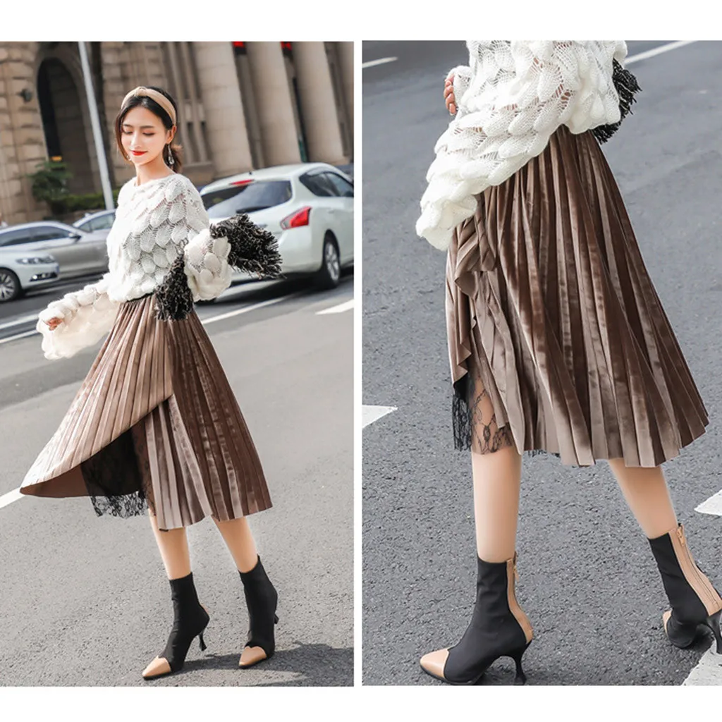 KLV/Для женщин юбка faldas mujer moda חצאיות Весна высокого с эластичной талией Золотая бархатная кружевная юбка в складку
