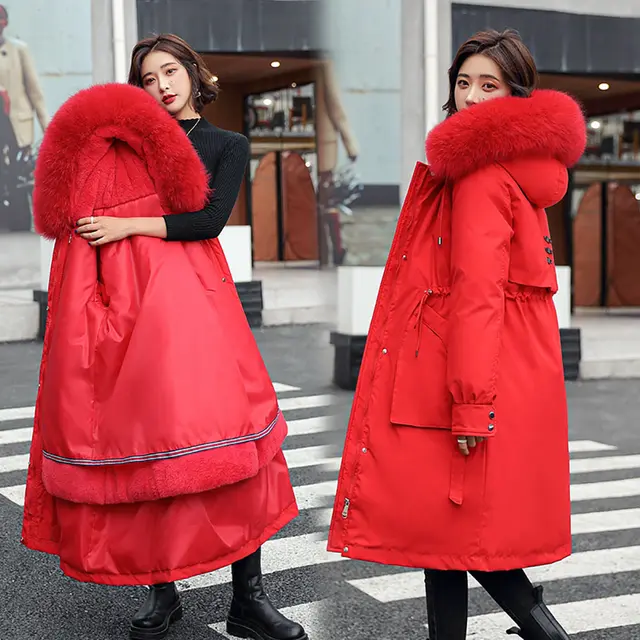 Vielleicht -30 Degrees Women Jacket Long Parkas Female Coat Winter Warm Removable Fur Lining Hooded Winter Jacket Women Outwear Red