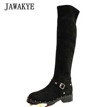

Black Rivets Studded Thigh High Boots Woman Suede Stretch Chunky Heel Shoes Sexy Real Leather Long Knight Boots Martin Booties