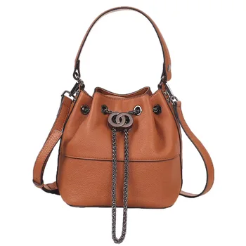 

New bucket bag leather female bag first layer cowhide large capacity handbag chain crossbody bag