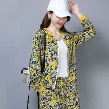 

2020 Spring New Casual Hit Color Printing Zipper Sports Long-sleeved Thin Section Coat Elasticated Waist Ankle Length Pants Suit
