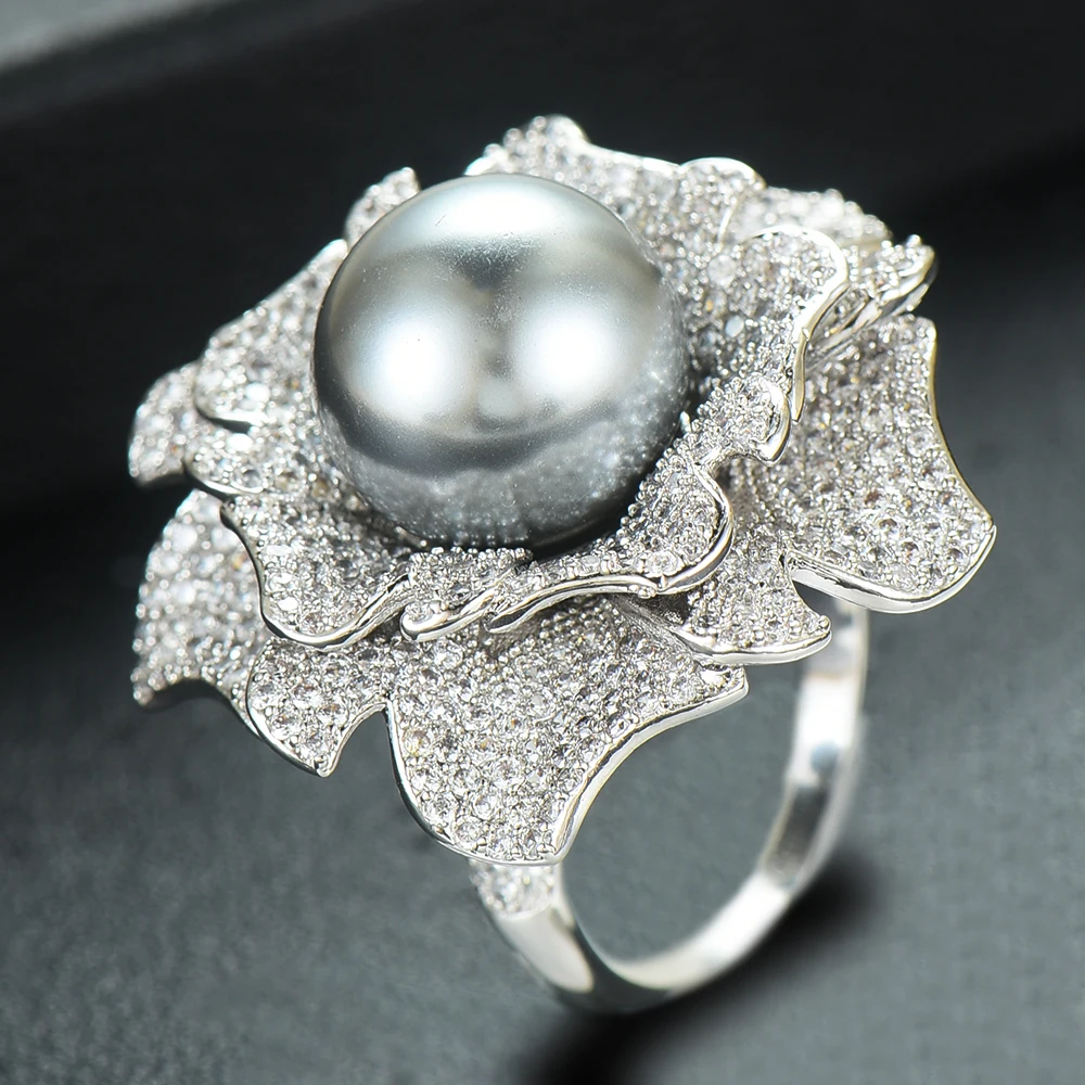

GODKI New Popular Big Flower Pearl Aperture Ring Silver Cubic Zirconia Inlaid Ring for Women Party Daily Wear Fashion Jewelry