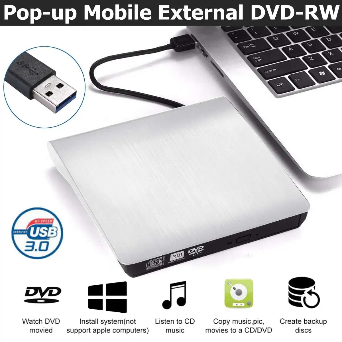 

New Design White USB 3.0 Slim External DVD RW CD Writer Drive Burner Reader Player Optical Drives For Laptop PC