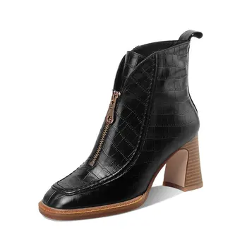 

2021 New Genuine Leather High Heels Boots Concise Ladies Ankle Boots Autumn Winter Zipper square Toe dress party Shoes Woman