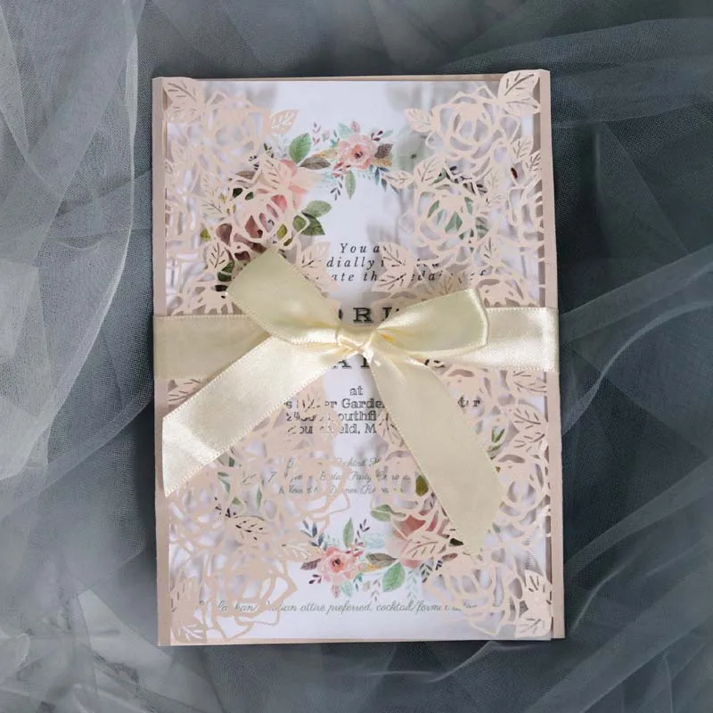 Ribbon set 100 шт./лот) Лазерная резка розовый свадебные приглашения карты Блестящий Алмаз приглашения на день рождения с бордовой лентой IC125 - Цвет: Ribbon set