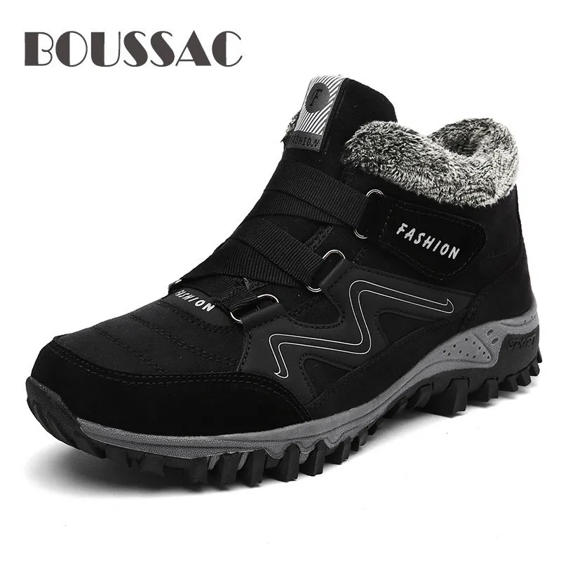 

BOUSSAC Leather Men Boots Winter with Fur 2019 Warm Snow Boots Men Winter Work Casual Shoes Sneakers High Top Rubber Ankle Boots