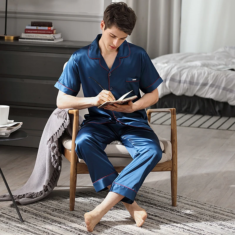 Sleepwear Male Summer Short Sleeve Long Pants Two-Piece Pajama Sets Ice Silk Thin Men Pyjamas Homewear 9007