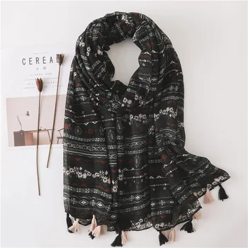 

Ethnic style Print Beach towel popular summer Sunscreen silk Scarves lady winter Cotton and Linen Scarf new black seaside Shawls