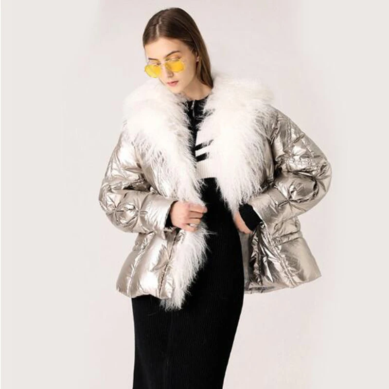 

Large Real Fur Collar 2019 Winter Jacket Women 90% White Duck Down Coats Short Loose Parkas Outerwear Waterproof Glossy Jackets