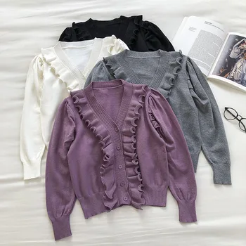 

Fall 2020 new han edition design feeling agaric edge v-neck long sleeve knit cardigan female temperament of tender