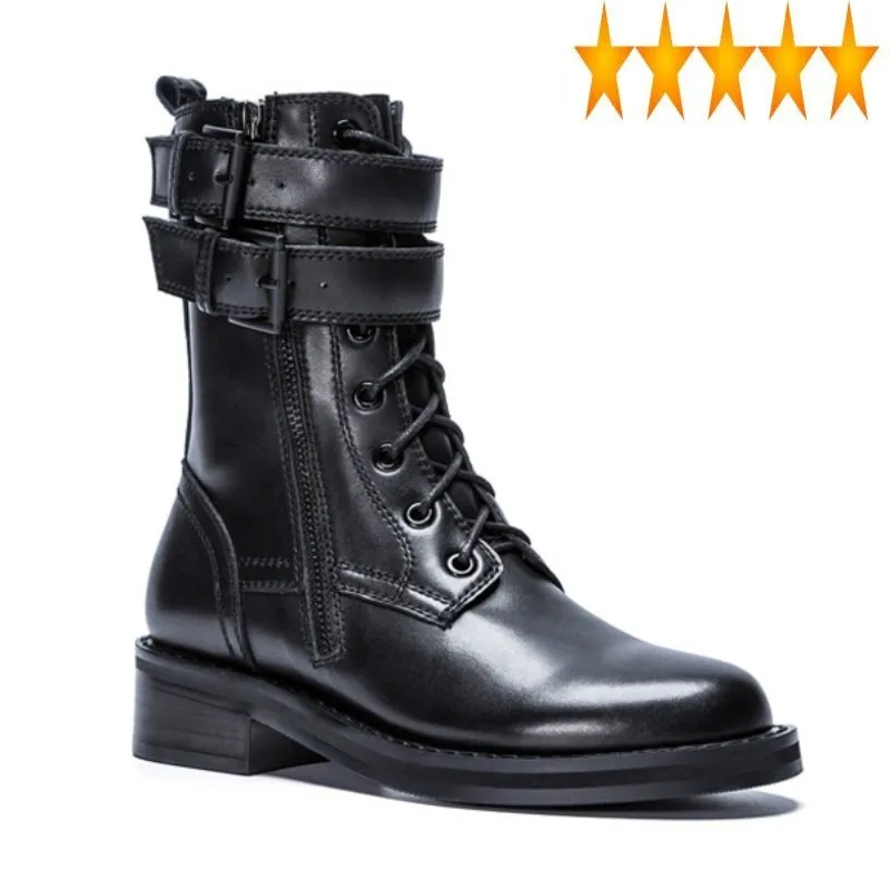 

Leather Hot Genuine Sale British Womens Motorcycle Winter Round Toe Cross Tied Size Zip Belt Buckle Female Mid Calf Boots