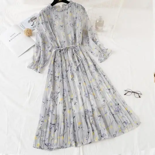 Women Long Dress 2020 Spring Summer Vintage Floral Print Pleated Chiffon sleeve Loose Plus Size Dresses DC998 | Женская одежда