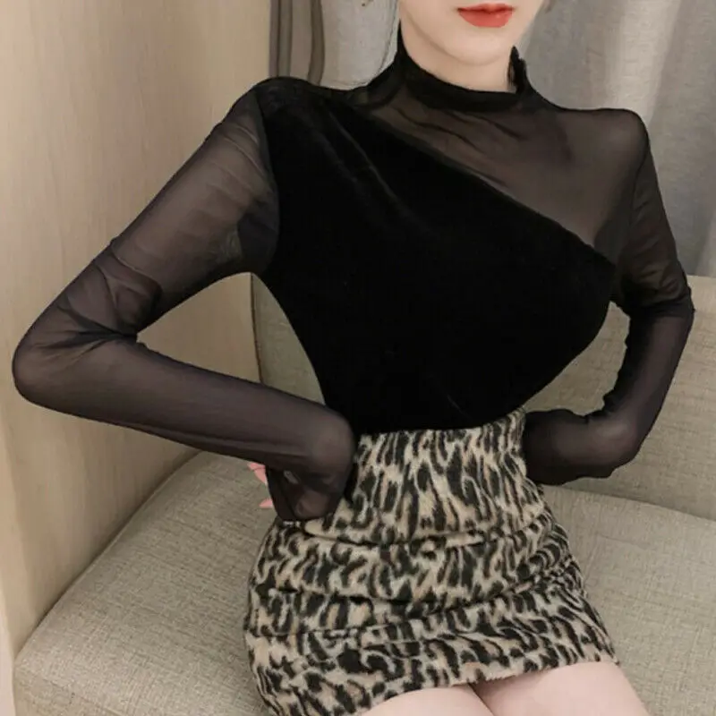 Women Long Sleeve Mesh Sexy Slim Tops Blouse Tunic Ladies Party Casual Shirt | Женская одежда