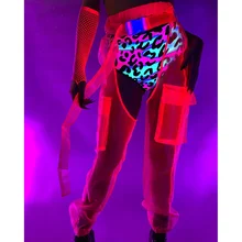 

Women Streetwear See Through Trousers Open Crotch Elastic Waist Adjustable Buckle Fluorescent Material Pants with Pockets