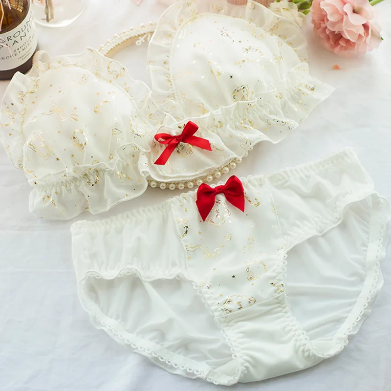 

Honviey chiffon Japanese sleepwear rufflesprint Lotus wirefree padded trangle cup breathable My melody girl cute underwear set