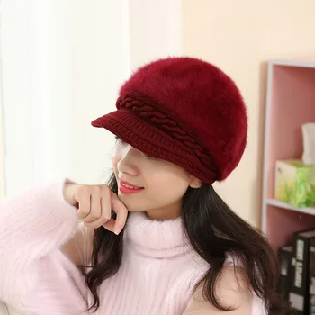 

Hat Female Winter Korean Rabbit Fur Cap Pure Color Duck Tongue Beret Cap Warm Knitted Wool Cap Fashion in Autumn and Winter
