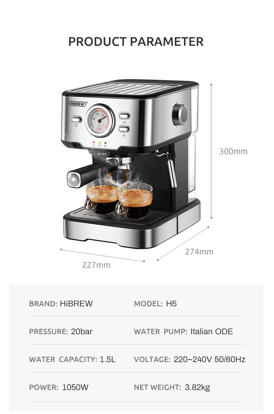 HiBREW 20 Bar Espresso inox Semi Automatic Coffee Machine Cafetera H5