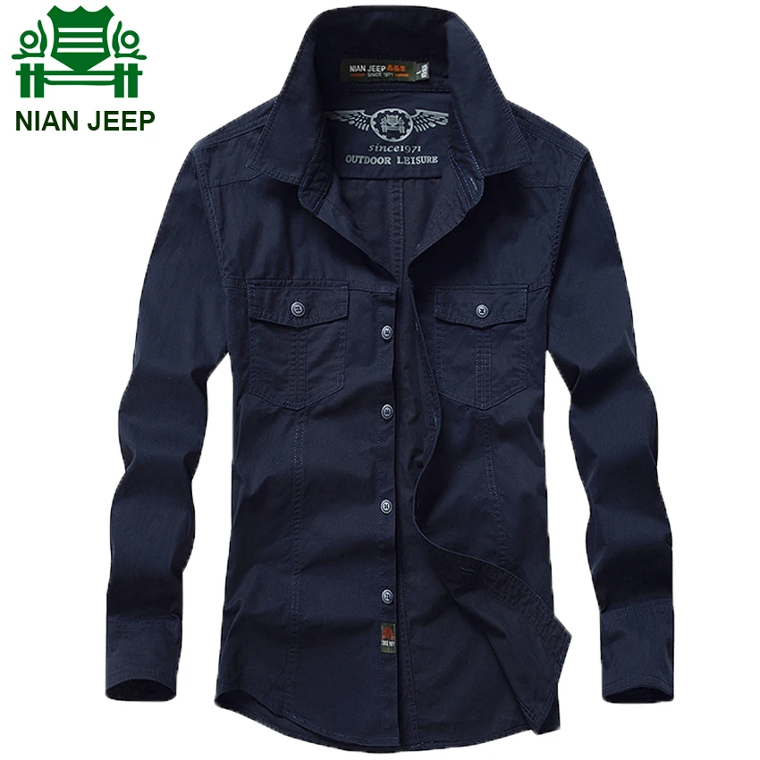 

NIAN JEEP Brand Clothing camisa masculina Men Long Sleeve Army Solid Color Shirts Plus Size camisa 80