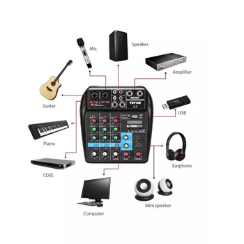 

Professional 4 Channels Audio Mixer DJ Sound Mixing Console External Sound Card for Computer Audio Interface 48V Phantom Power
