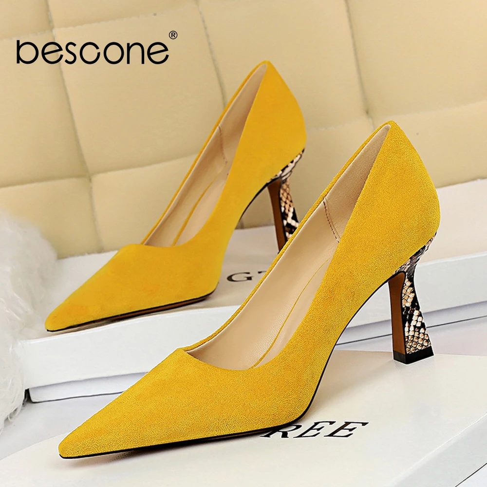 

BESCONE Office Women Pumps High Quality Pointed Toe Shallow High Square Heel Python Print Shoes Woman Fashion Sexy Pumps BM456