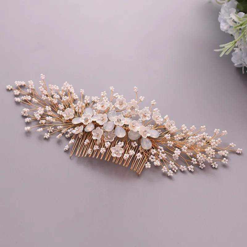 Floralbride New Handmade Crystal Rhinestones Pearls Flower Wedding Hair Comb Bridal Headdress Hair Accessories Women Jewelry