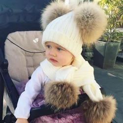 Winter Girl Pom Pom Peas Warm Knitted Bubble Fur Pom Pom Hat and Scarf Set Child Real Raccoon Fur Pompon Winter Hat Skull