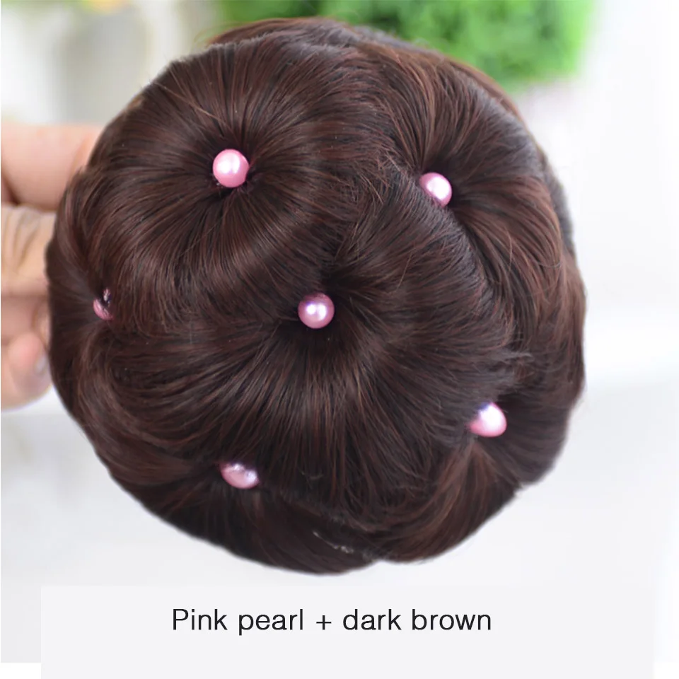 WTB Hair Accessories High Temperature Fiber Synthetic Curly Chignon Bun Hairpiece for Women 9 Flowers Roller Clip In Fake Buns - Цвет: Pink dark brown