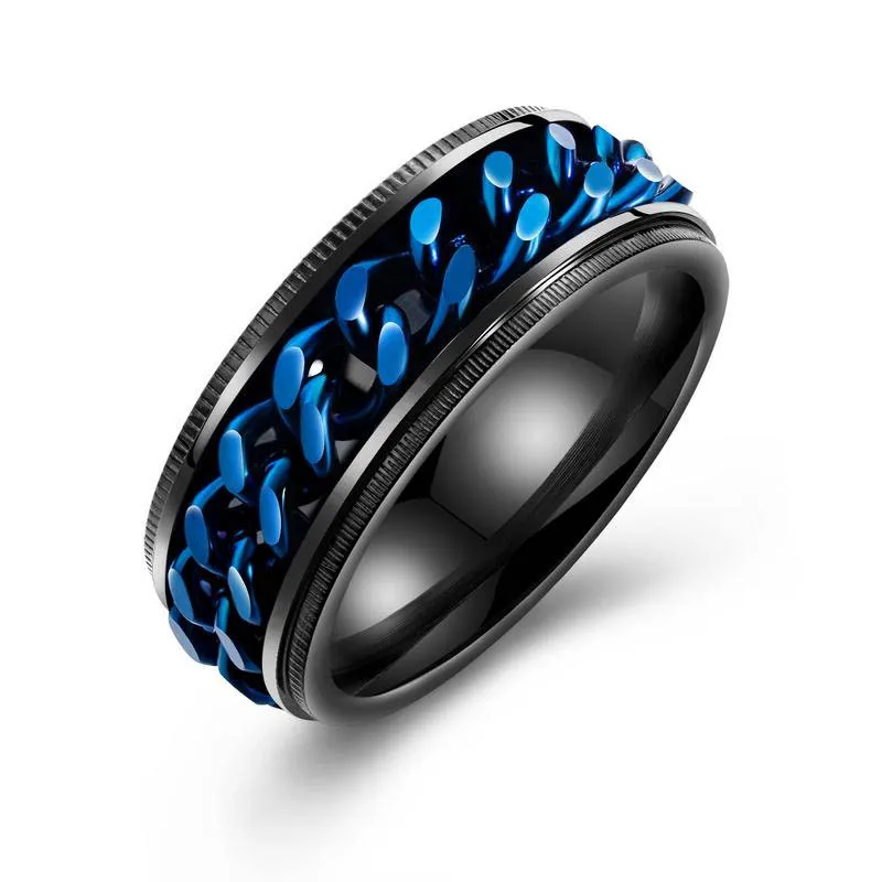 Fashion Men's Ring Spinner Blue Chain Link Stainless Steel Rotatable for Wedding Anniversary Men Boyfriend Jewelry Gift | Украшения и