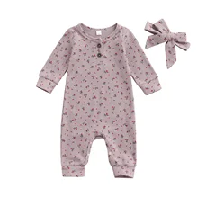 

Infant Little Cute Kids Baby Girls Romper Long Sleeve Waffle Floral Print Long Sleeve Jumpsuit with Bow Headband Clothes Outfit
