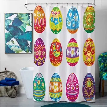 

Shower Curtains sea Easter,Colorful Easter Eggs with Flowers Stripes and Hen Design Ornate Cartoon Illustration,Multicolor,W65 x
