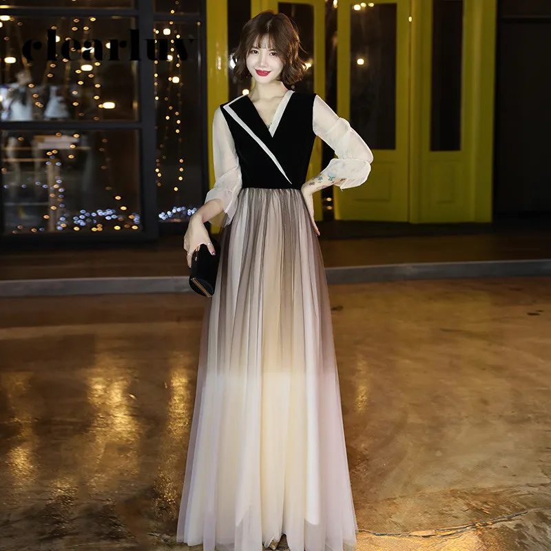 

Gradient A-Line Evening Dress DR317 Patchwork Formal Robe De Soiree V-Neck Full Sleeve Elegant Dress Floor Length Party Gowns
