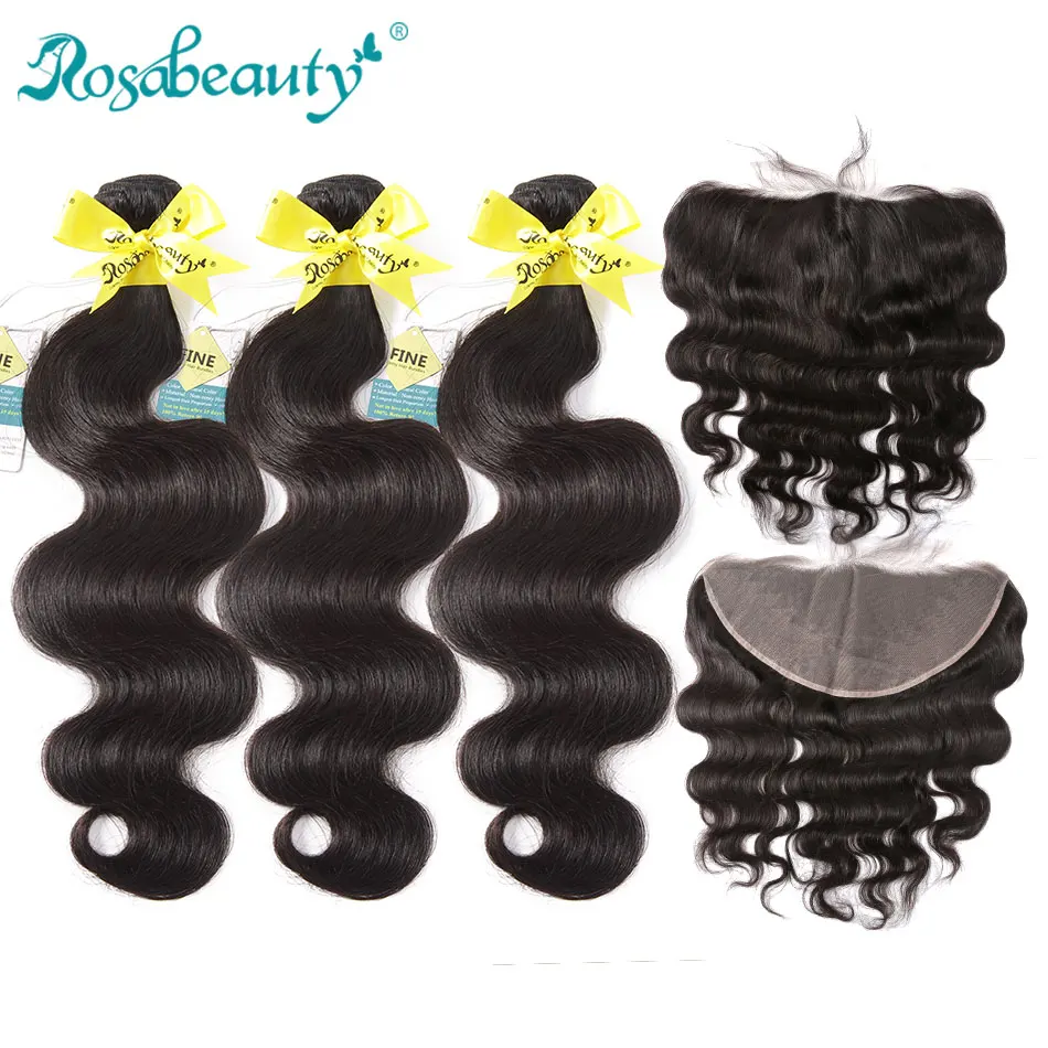 Rosa beauty волнистые 3/4 пучков с фронтальным закрытием 8A бразильские пучки волос плетение с кружевной фронтальной remy наращивание волос