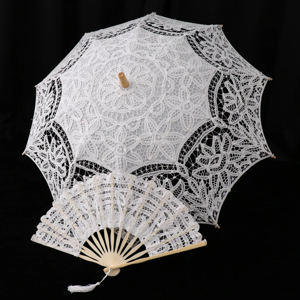 Fashion Lace Umbrella Parasol with Folding Hand Fan for Wedding Photography Dance Prop White