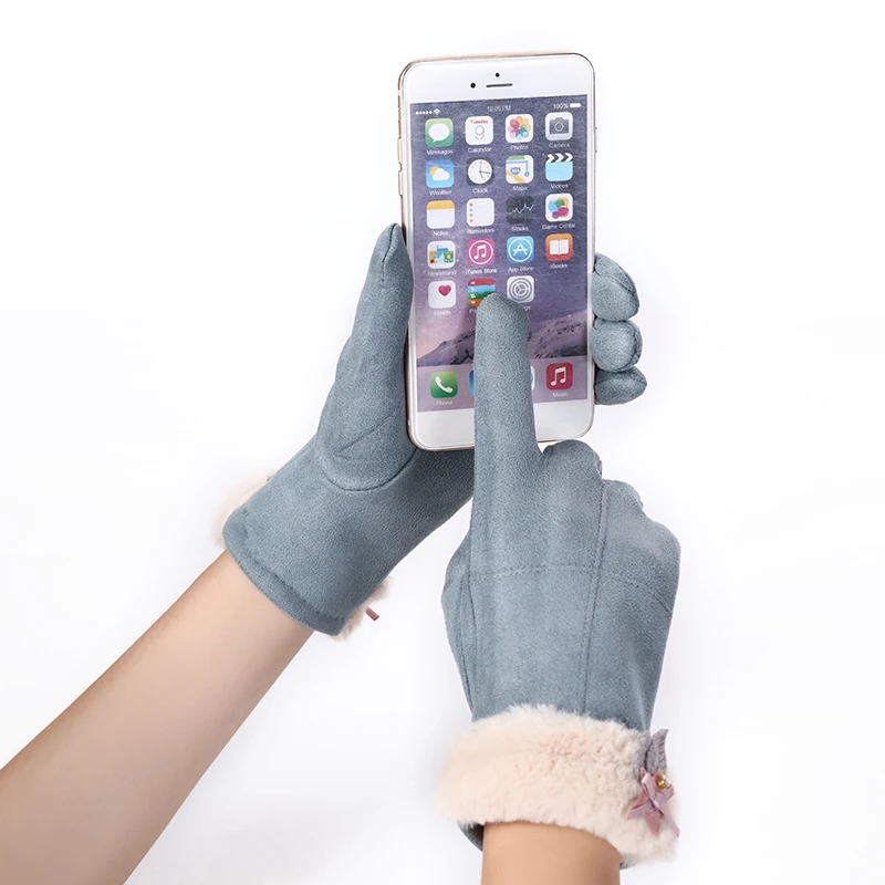 

Coslony Winter Female Single Layer Plush Wrist Warm Cashmere Full Finger Mittens Women Suede Leather Touch Screen Driving Gloves
