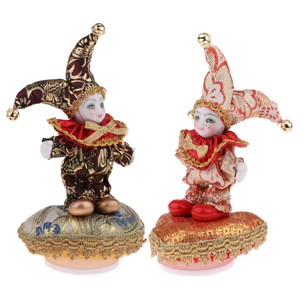 2Pcs 6inch Lovely Porcelain Triangel Doll Clown Model Music Box Home/office Ornaments