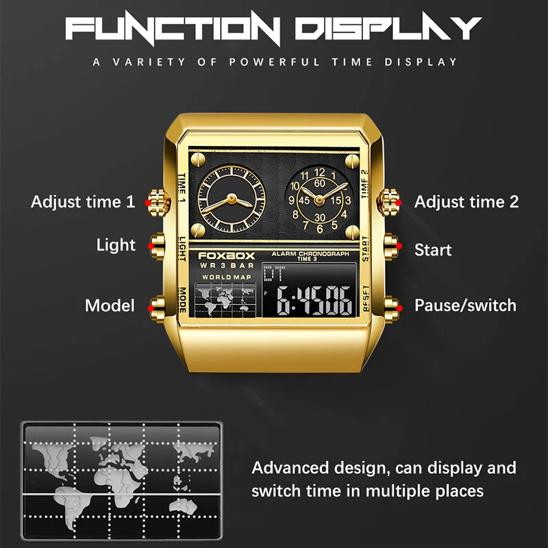 FOXBOX Watch Men Quartz Luxury Business Watches Square Wristwatch Stainless Steel Waterproof Watch for Men Relogio Masculino+Box