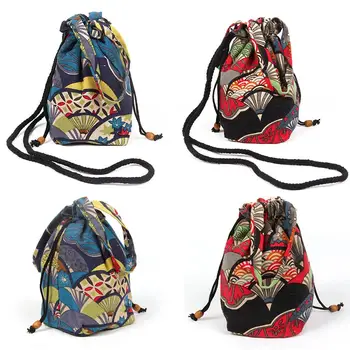 

Ethnic Fans Printed Cotton Linen Mini Drawstring Crossbody Shoulder Bucket Bag
