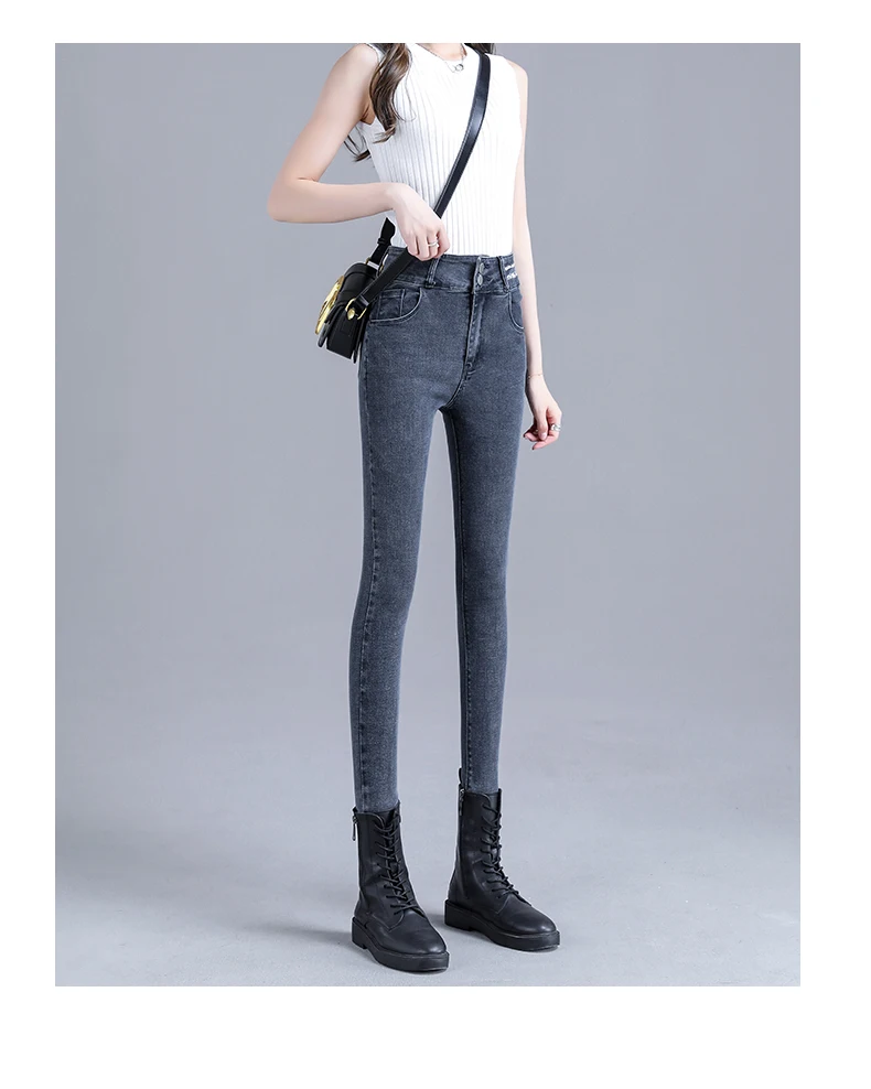 levis 501 Female Korean High Waist Jeans Women'S Winter Elastic Leggings Trousers Spring Autumn Leisure New Slim Pencil Tight Pants Lady buckle jeans