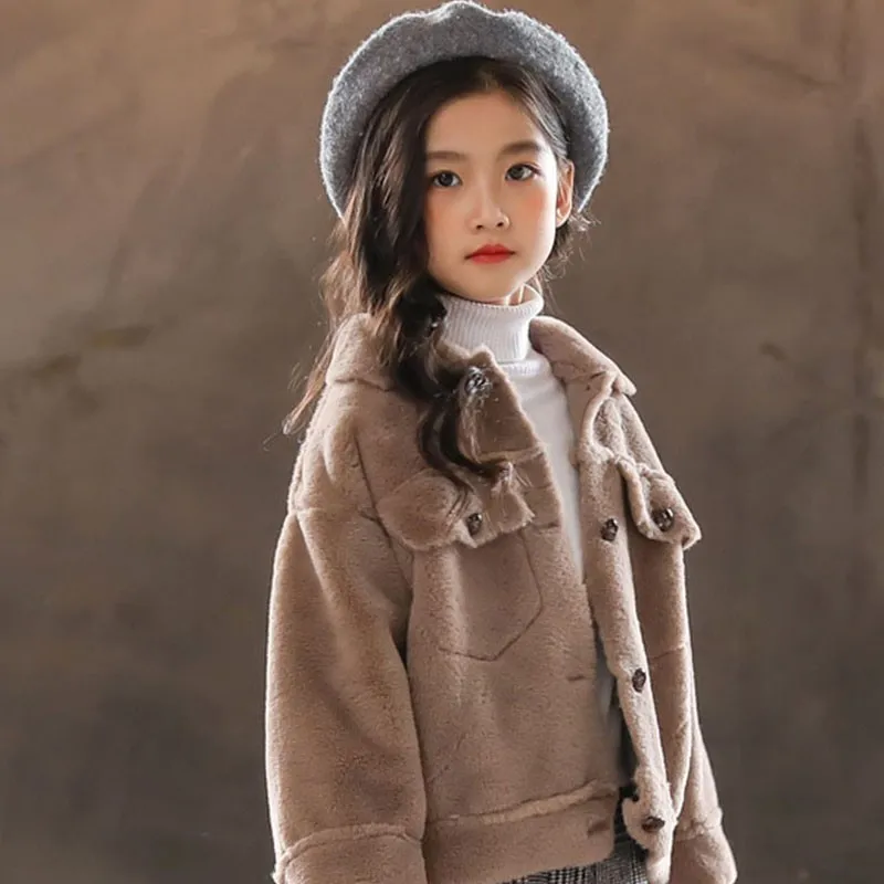 School Faux Fur Baby Coat Autumn Winter Pockets Single Breasted Teenage Jacket Coat Girl Pink Purple White Khaki Tops Children