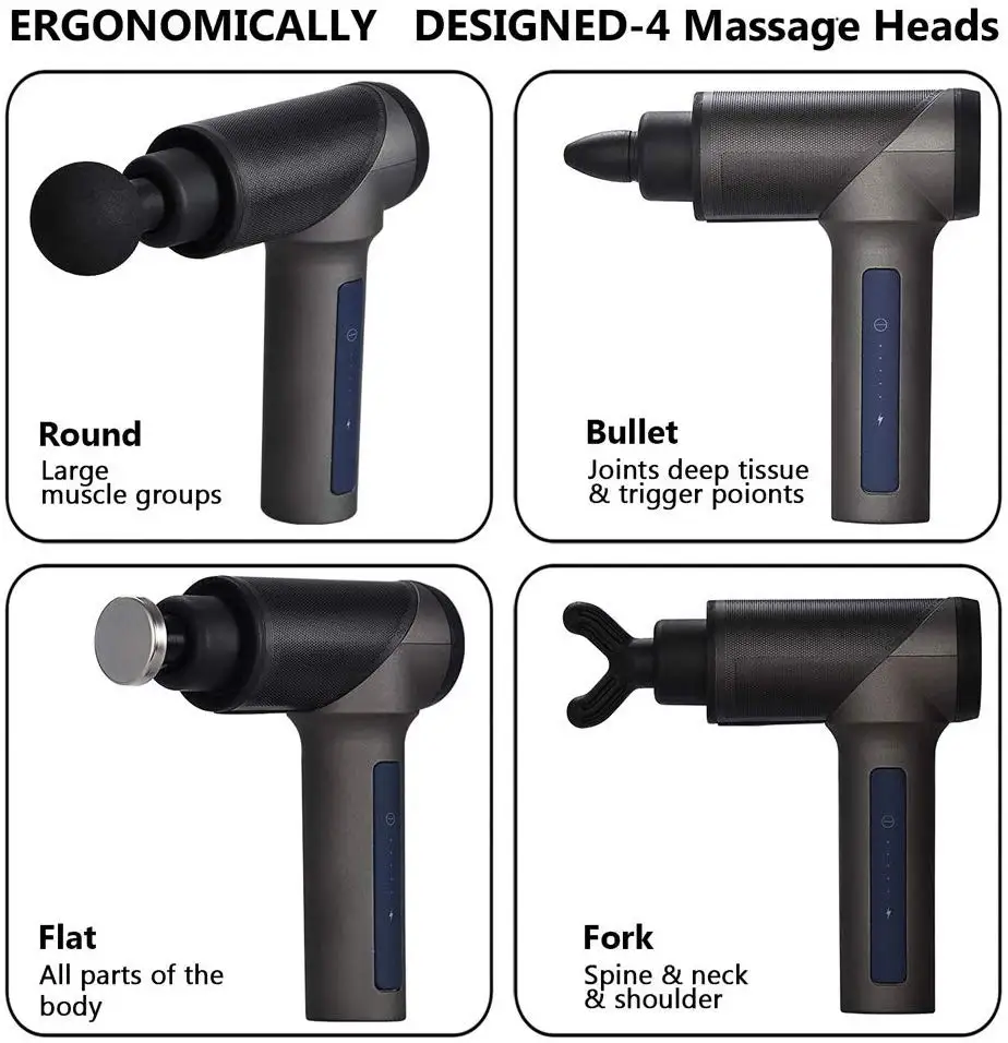 Массажный пистолет для мышц 5 скоростей, массажер с 4 головками, мощный перкуссионный Массажер для глубоких тканей для снятия боли в мышцах и жесткости
