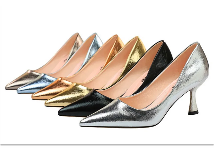 Большие размеры 34-43; женская обувь с мелким металлическим принтом; женские туфли-лодочки с острым носком на высоком каблуке; лаконичные офисные модельные туфли для вечеринок; Женская Осенняя обувь