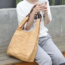 Reusable Shopping Bag ECO Shopper Retro Handbag Casual Wash Water Kraft Paper Shoulder Bag Simple And Old Fold Female Bag