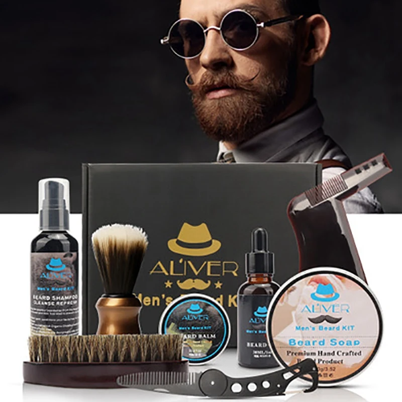 

ALIVER Men's Beard Kit Styling Tool Beard Bib Aprons Balm Beard Oil Comb Moisturizing Wax Beard Care Set