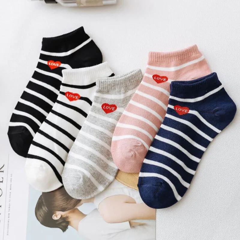 5 пар, новинка, весенние женские полосатые короткие носки, хлопковые корейские носки в полоску с изображением медведя, фламинго, носки-башмачки