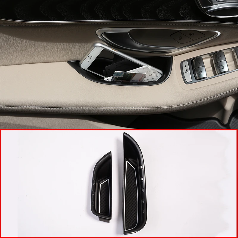 

2pcs Black Car Door Handle Storage Box Tray with Mat For Mercedes Benz C-Class W205 GLC Class X253 2015-2019 Accessories For LHD