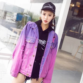 

Harajuku Street Style Ombre Wash Loose Oversized Frayed Denim Jacket For Women Faded Purple Jeans Jacket Grunge veste femme