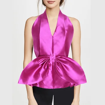 

OUSHANG temperament sexy bow tie hanging neck backless sleeveless top female fashion rose red sleeveless sleeveless V-neck top
