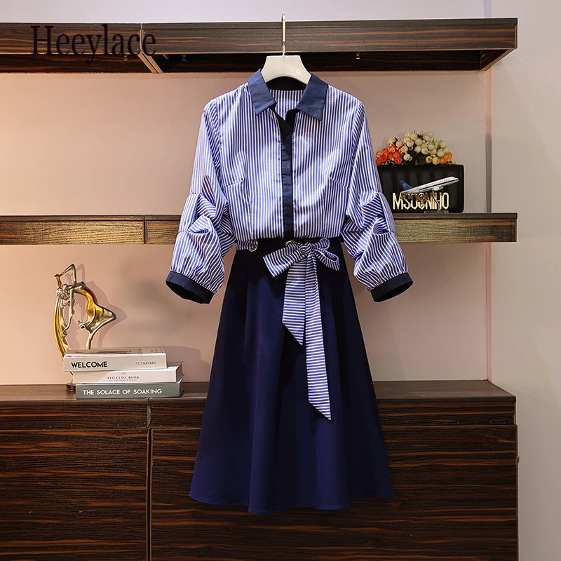 

Plus Size Two Pieces Set Women Suits Puff Sleeve Blue Shirt With High Waist Bow Tie Up Midi Skirt Clothes Fashion Casual Set 5XL